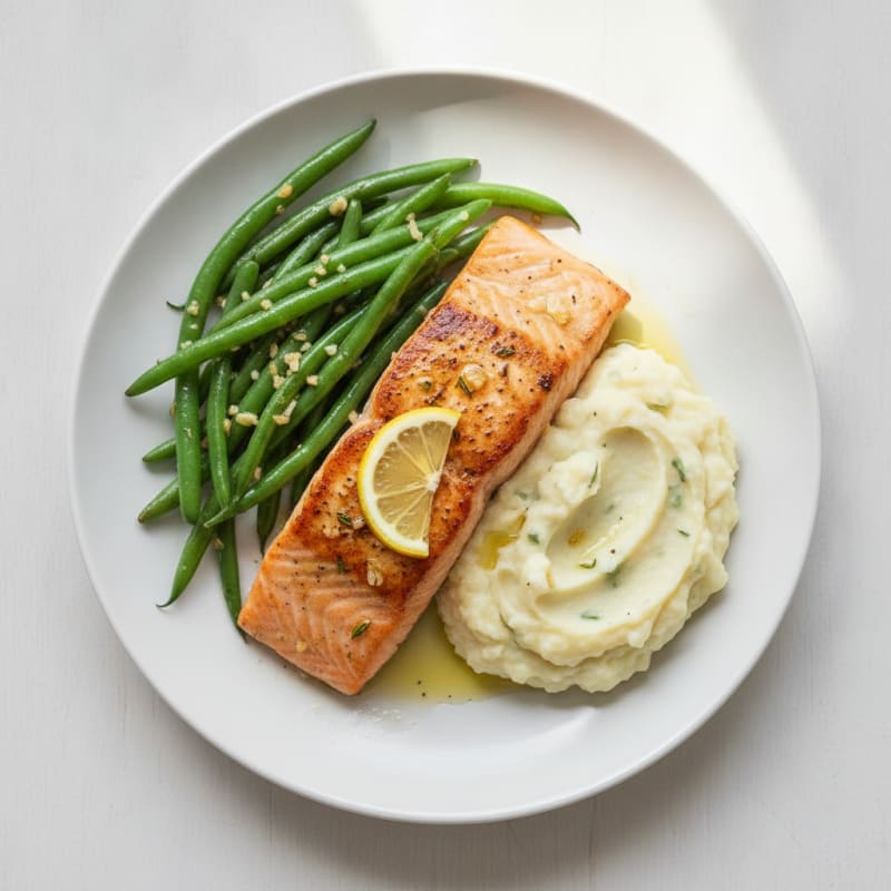 Seared Salmon with Garlic Green Beans and Mashed Cauliflower