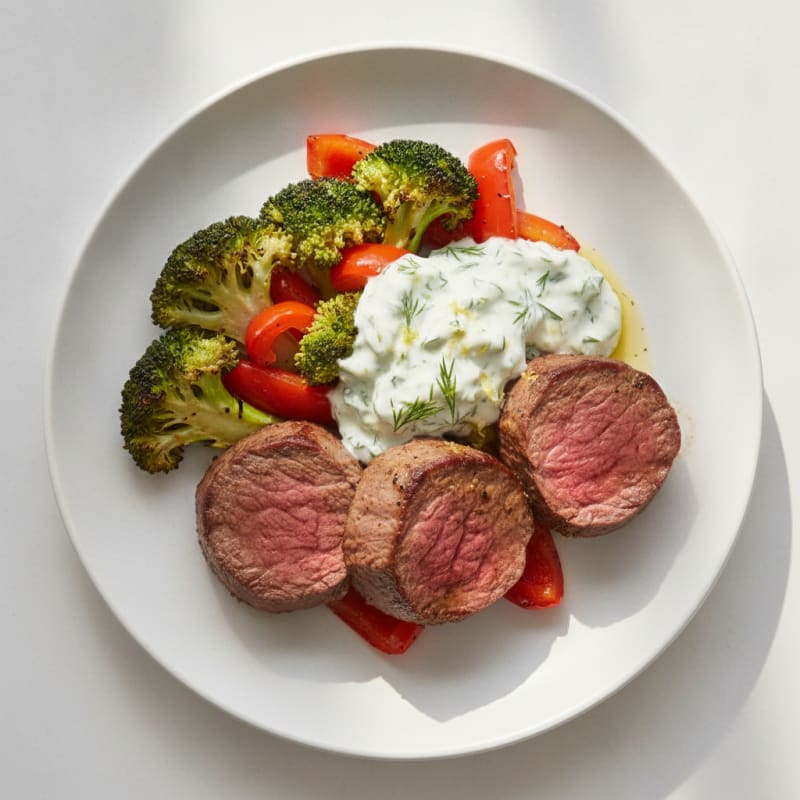 Seared Beef Medallions with Roasted Veggies and Herb Yogurt Sauce