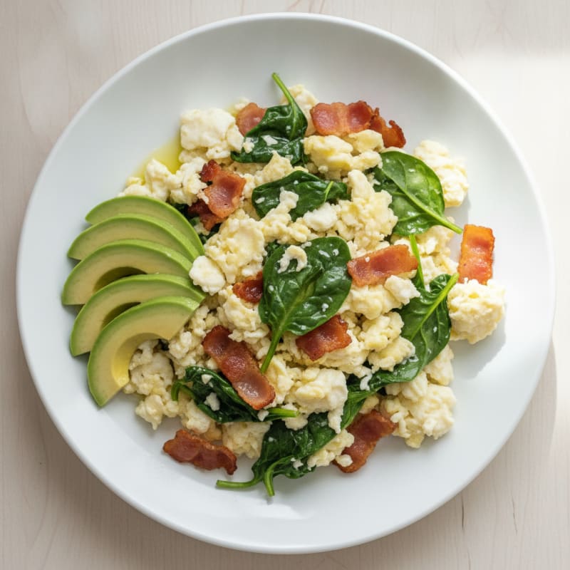 Crispy Turkey Bacon and Egg White Scramble with Sautéed Spinach