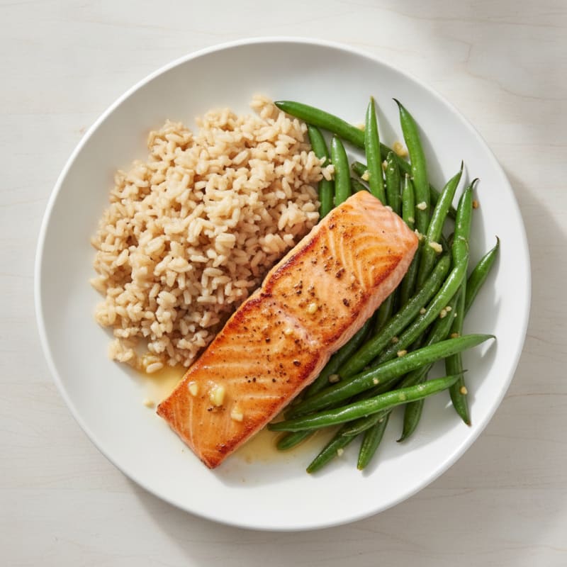 Seared Salmon Filet with Garlic Green Beans and Brown Rice