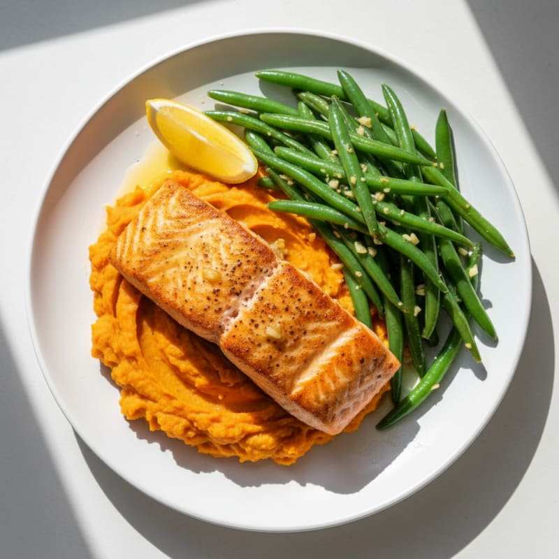 Seared Salmon with Garlic Green Beans and Mashed Sweet Potatoes
