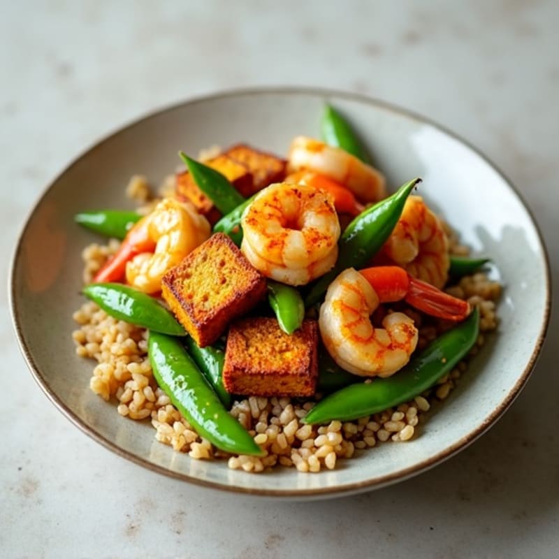 Crispy Tofu Stir Fry with Snap Peas and Brown Rice