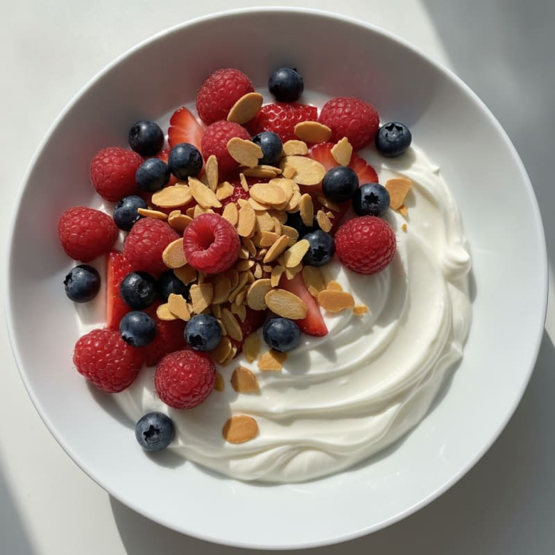 Silky Protein Greek Yogurt Bowl with Mixed Berries and Almonds