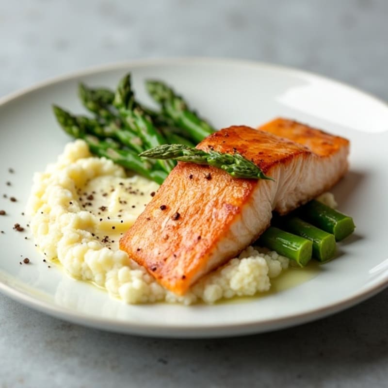 Seared Salmon with Steamed Asparagus and Cauliflower Mash