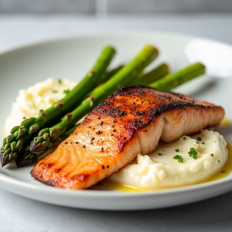 Seared Salmon with Creamy Cauliflower Mash and Steamed Asparagus