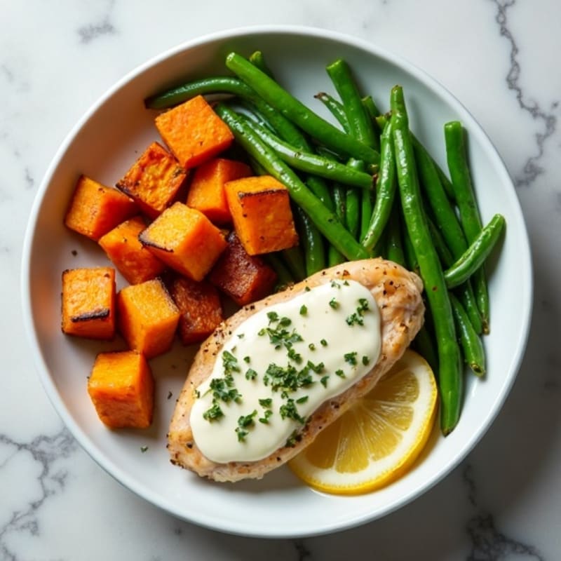 Creamy Lemon Herb Chicken with Roasted Sweet Potatoes and Crispy Green Beans