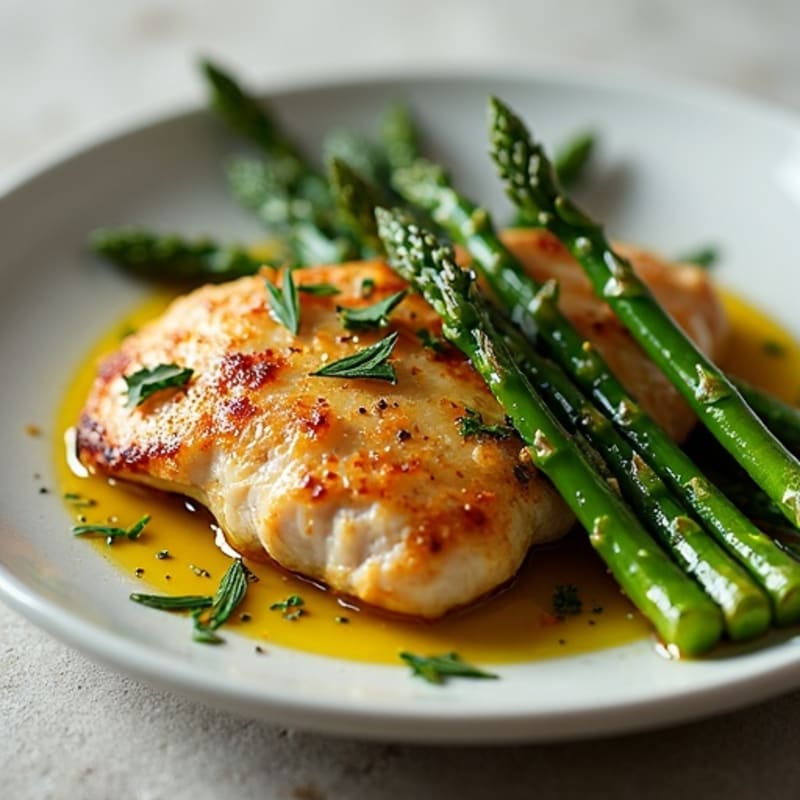 Crispy Pan-Seared Garlic Herb Chicken with Roasted Asparagus