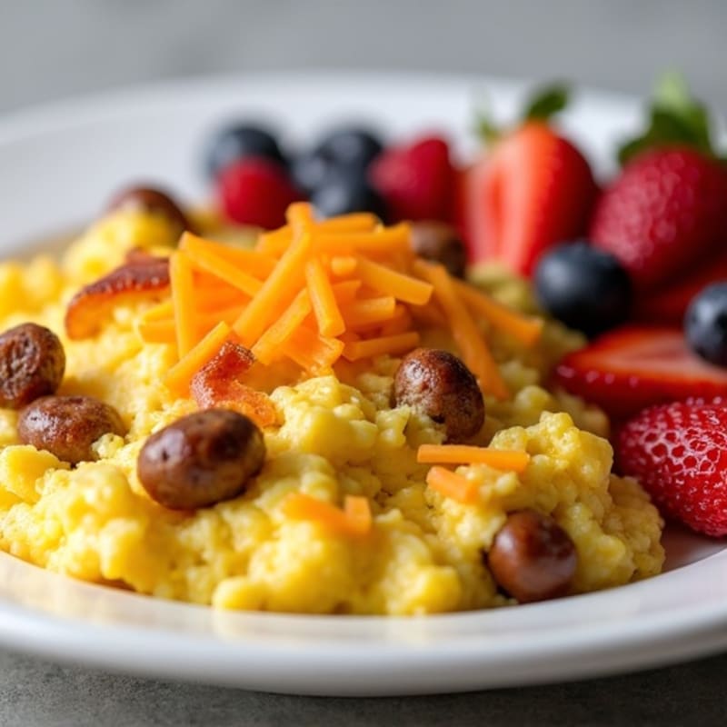 Egg and Sausage Scramble with Crispy Bacon and Fresh Fruit