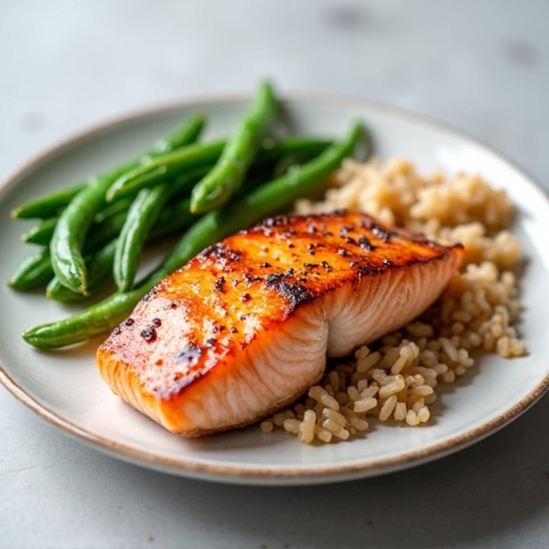 Seared Salmon Fillet with Steamed Green Beans and Brown Rice