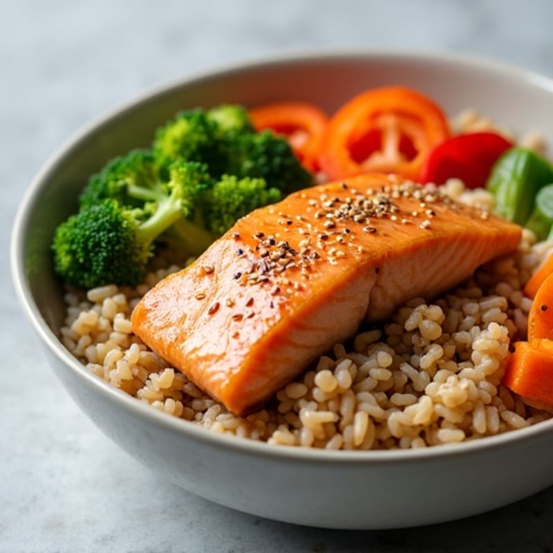 Sesame-Ginger Salmon Brown Rice Bowl with Crisp Vegetables