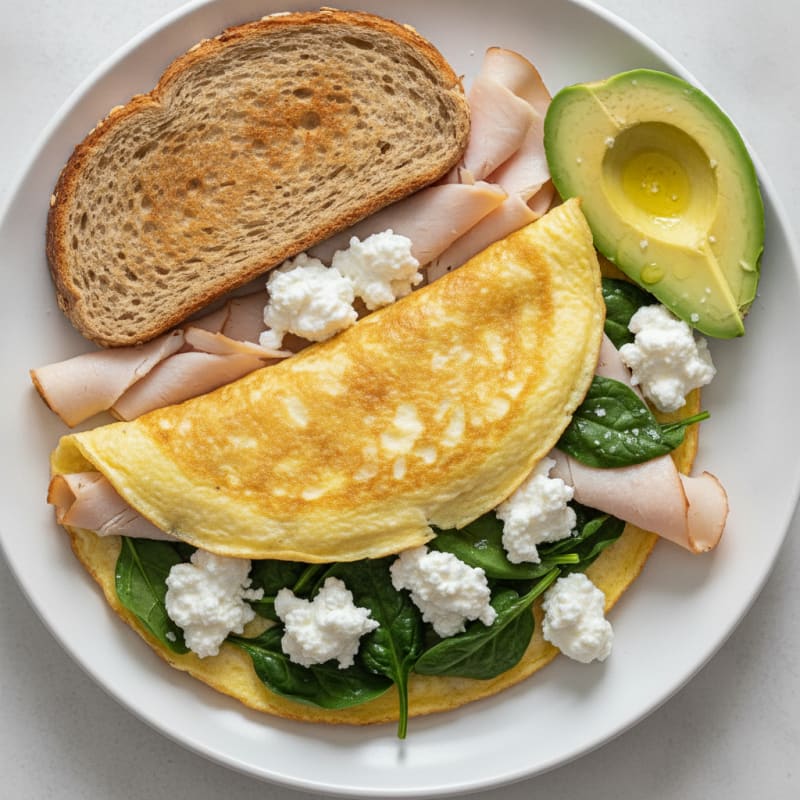 Egg White Spinach Omelette with Cottage Cheese and Sliced Turkey