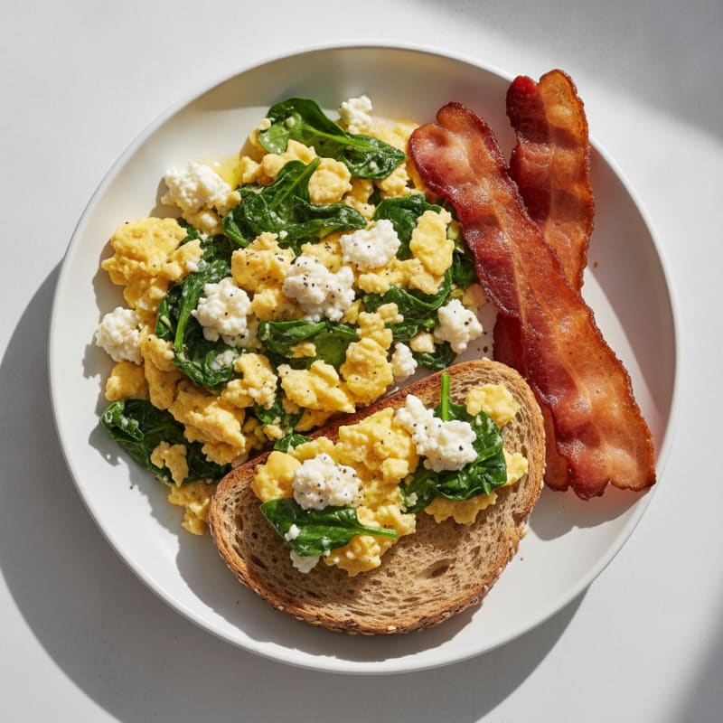 Cottage Cheese Scramble with Spinach and Turkey Bacon