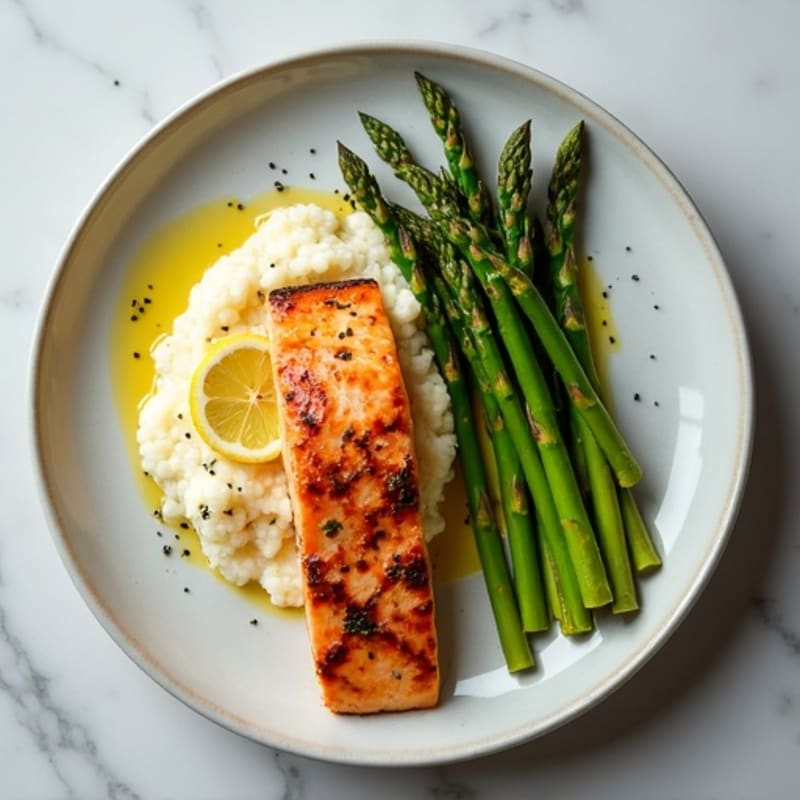 Seared Salmon with Steamed Asparagus and Cauliflower Mash