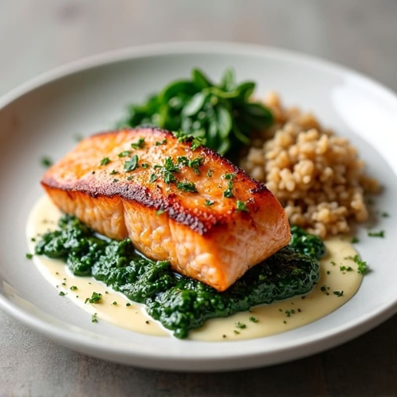 Seared Salmon Fillet with Creamy Garlic Spinach and Brown Rice