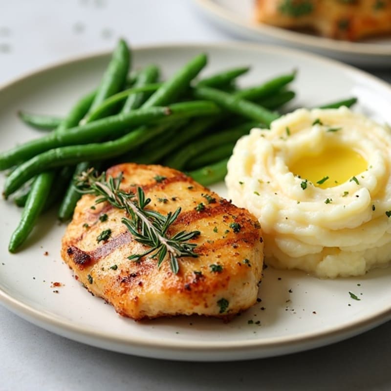 Herb-Roasted Chicken with Crispy Green Beans and Creamy Buttery Garlic Mashed Potatoes