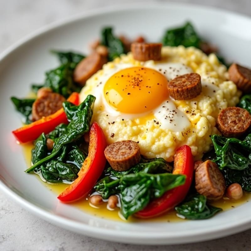 Egg White and Turkey Sausage Scramble with Sautéed Spinach and Bell Peppers