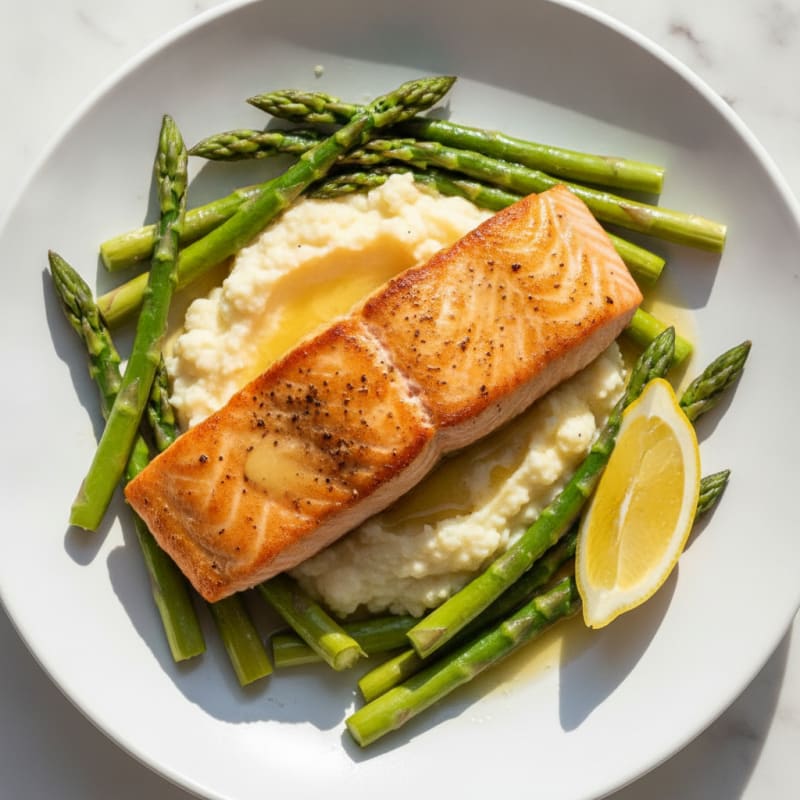 Seared Salmon with Steamed Asparagus and Cauliflower Mash