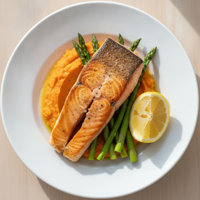 Seared Salmon Fillet with Roasted Asparagus and Sweet Potato Mash