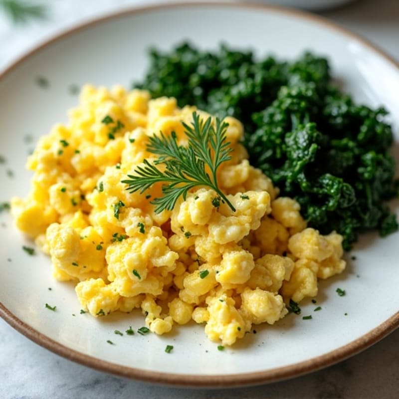 Fluffy Scrambled Eggs with Fresh Herbs and Sautéed Greens