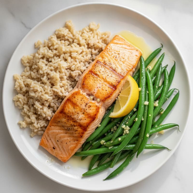 Seared Salmon with Garlic Green Beans and Brown Rice