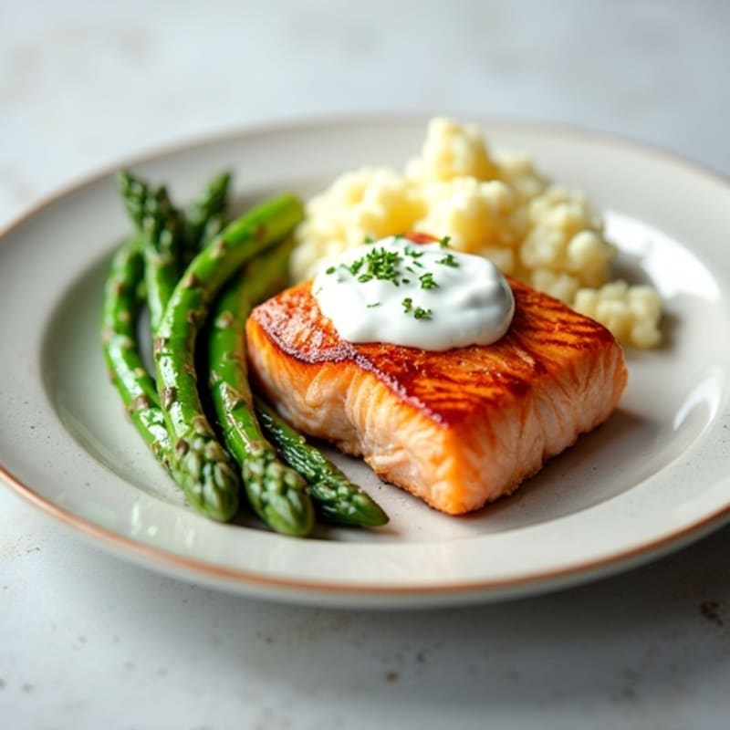 Seared Salmon with Steamed Asparagus and Mashed Cauliflower