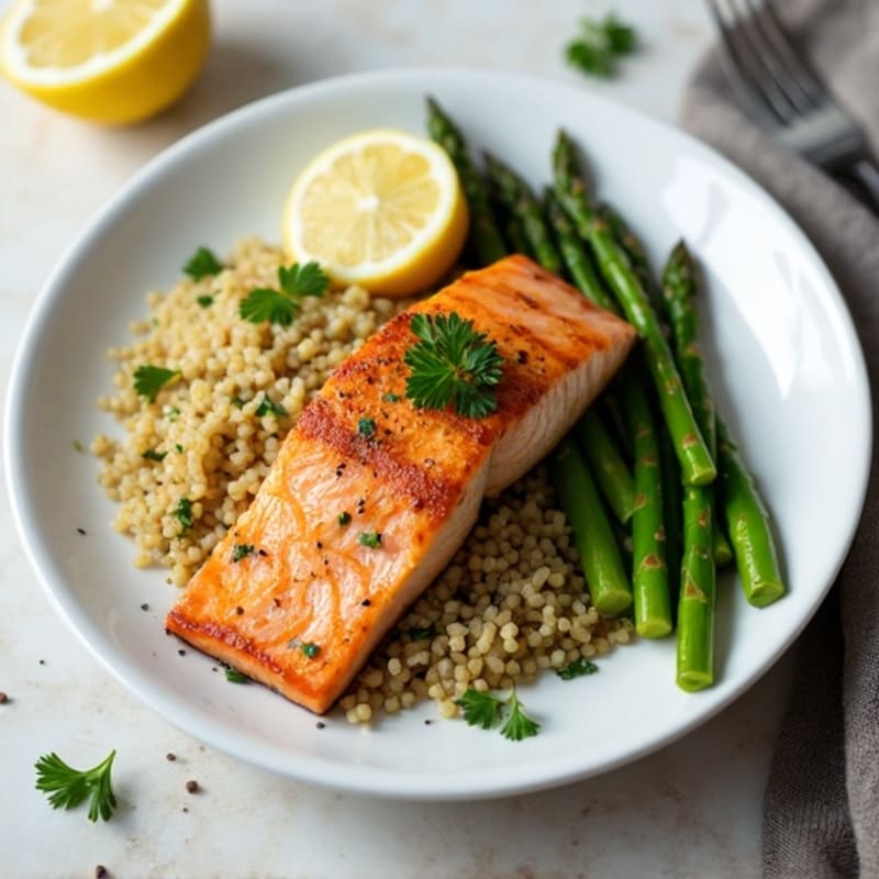 Pan-Seared Salmon with Roasted Asparagus and Lemon-Herb Quinoa