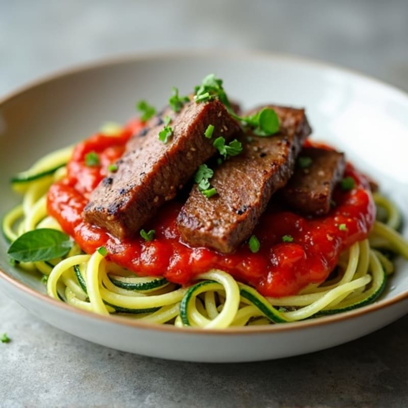 Seared Lean Beef Strips with Zucchini Noodles and Tomato Sauce