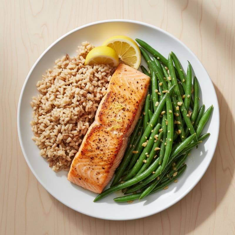 Seared Salmon with Garlic Green Beans and Brown Rice
