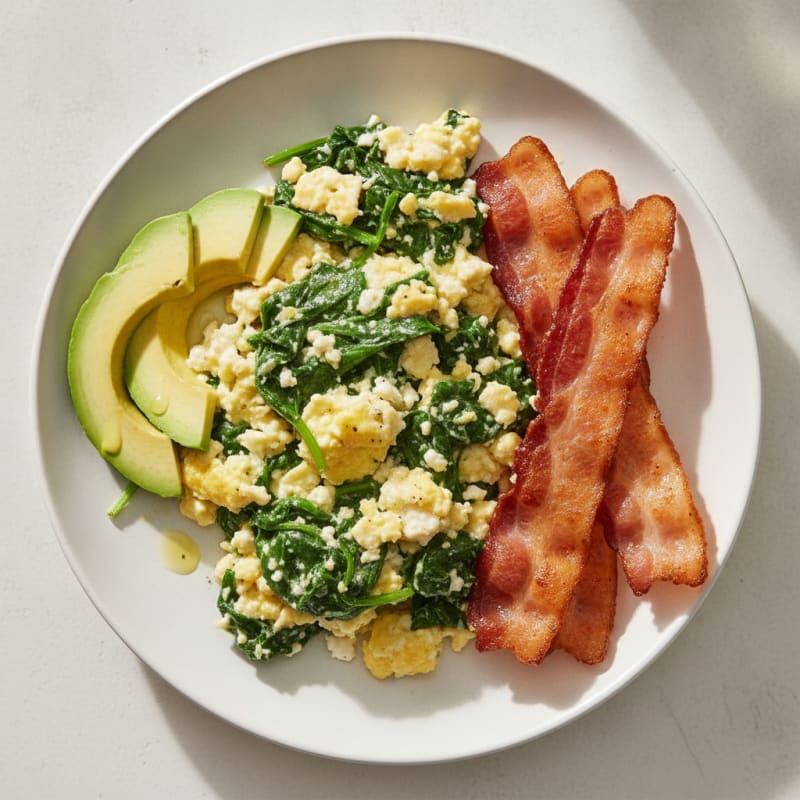 Cottage Cheese Egg Scramble with Spinach and Turkey Bacon