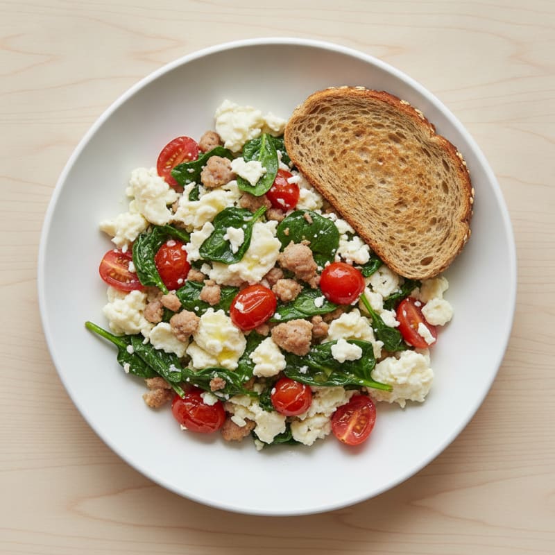 Egg White and Turkey Sausage Scramble with Spinach and Cherry Tomatoes