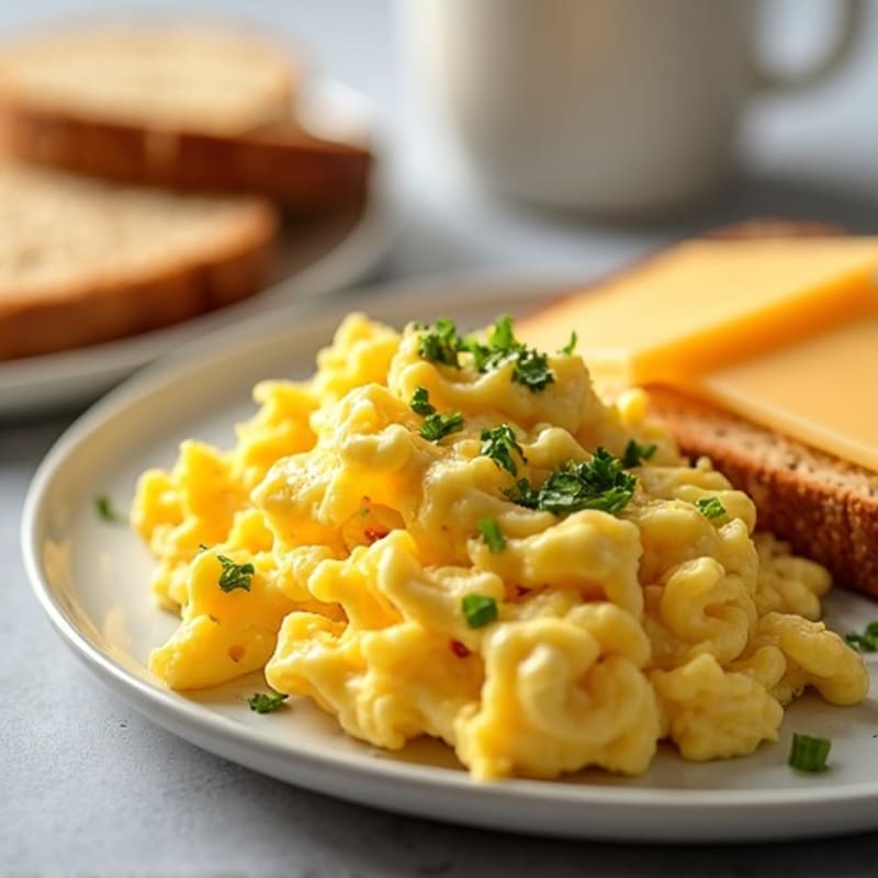 Creamy Scrambled Eggs with Whole Grain Toast and Sliced Gouda