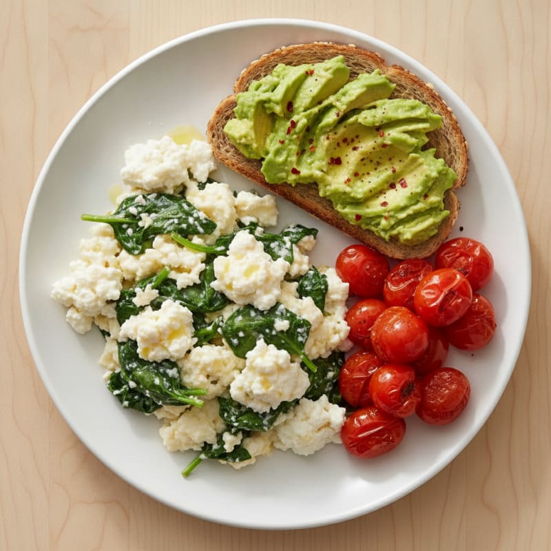 Egg White and Spinach Scramble with Cottage Cheese and Cherry Tomatoes