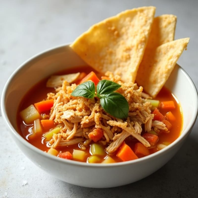 Hearty Shredded Chicken and Vegetable Soup with Crispy Tortilla Strips