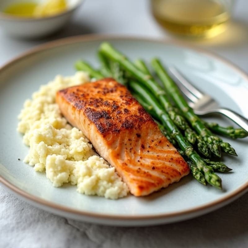 Seared Salmon with Steamed Asparagus and Garlic Mashed Cauliflower