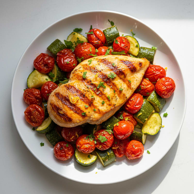 Grilled Chicken Breast with Roasted Zucchini and Tomato