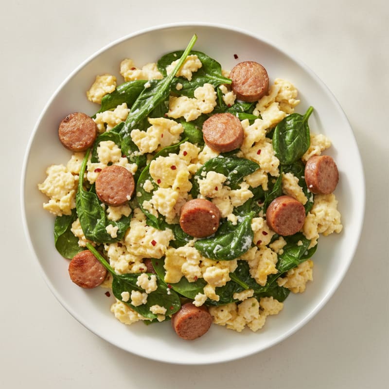 Egg White and Turkey Sausage Scramble with Sautéed Spinach