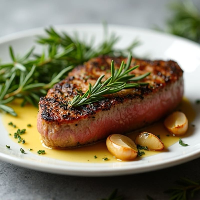 Herb-Crusted Pan Seared Steak with Roasted Garlic