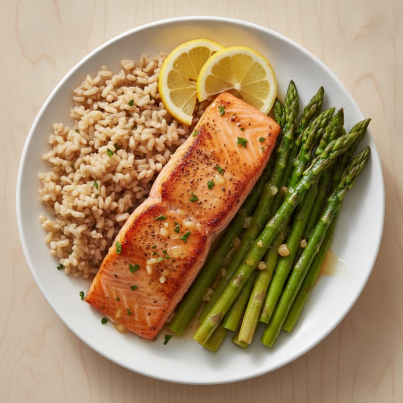 Seared Salmon with Steamed Asparagus and Brown Rice