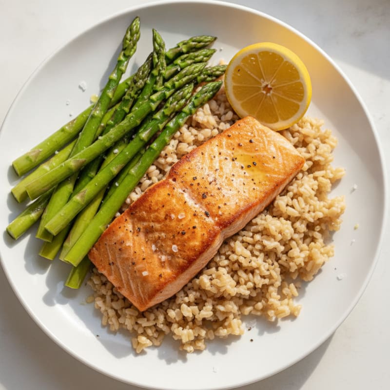 Seared Salmon with Steamed Asparagus and Brown Rice