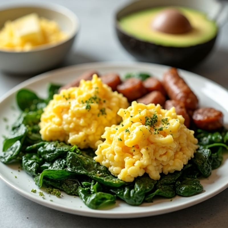 Scrambled Eggs with Sautéed Spinach and Turkey Sausage