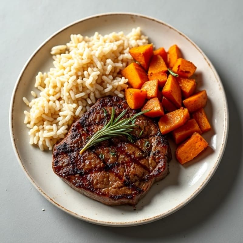 Garlic Herb Steak with Roasted Sweet Potatoes and Fluffy Brown Rice