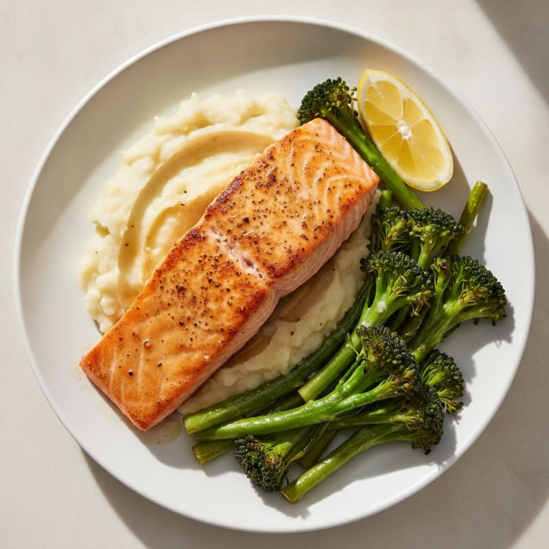 Seared Salmon Fillet with Roasted Broccoli and Garlic Mash