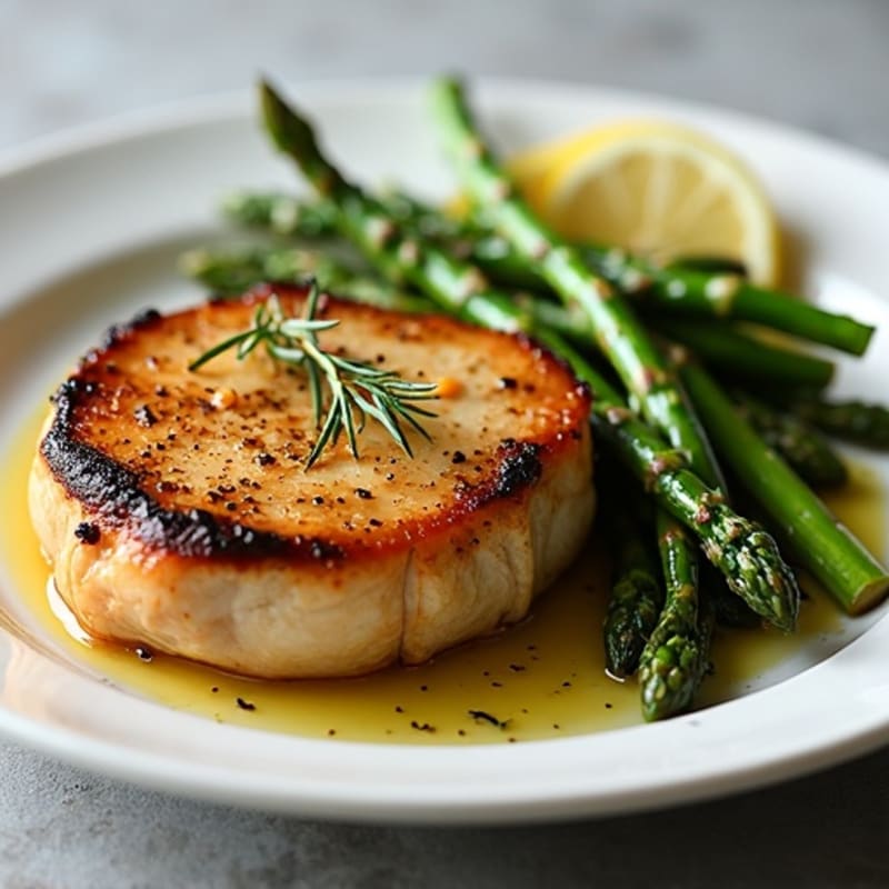 Juicy Pan-Seared Pork Chop with Garlic Herb Roasted Asparagus