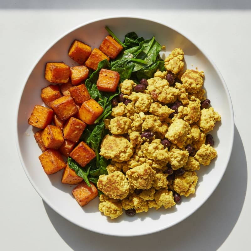 Crispy Tofu Scramble with Spinach and Sweet Potato Hash