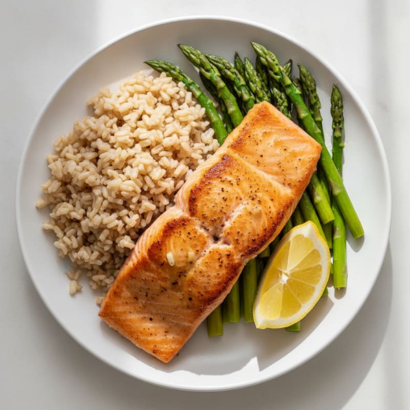 Seared Salmon with Steamed Asparagus and Brown Rice