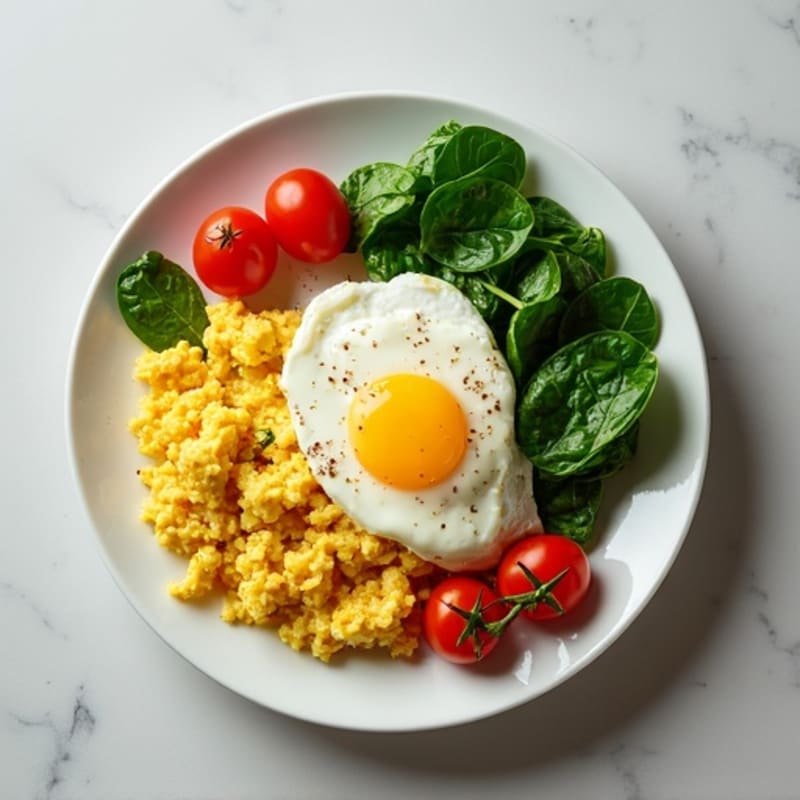 Cottage Cheese Egg White Scramble with Spinach and Cherry Tomatoes