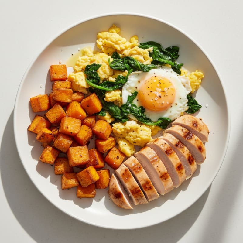 Scrambled Eggs with Spinach and Roasted Sweet Potato