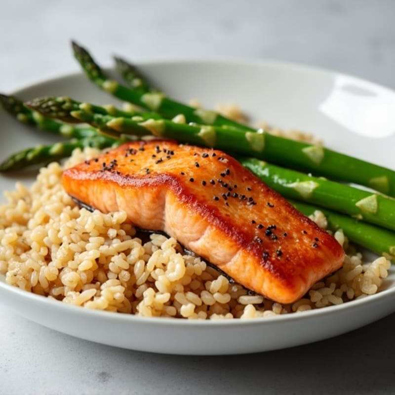 Seared Salmon with Steamed Asparagus and Brown Rice