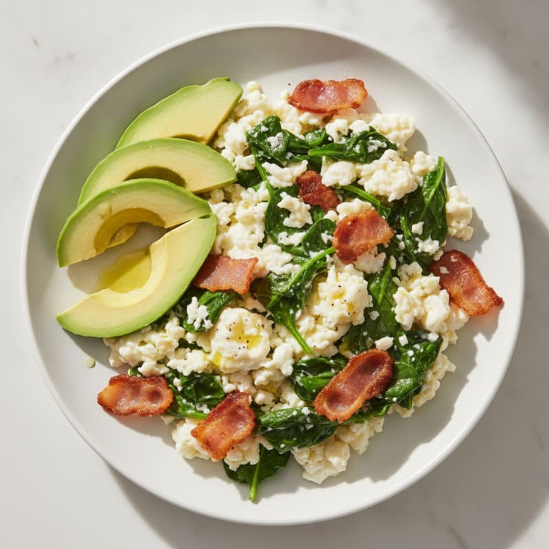 Crispy Turkey Bacon and Egg White Scramble with Sautéed Spinach