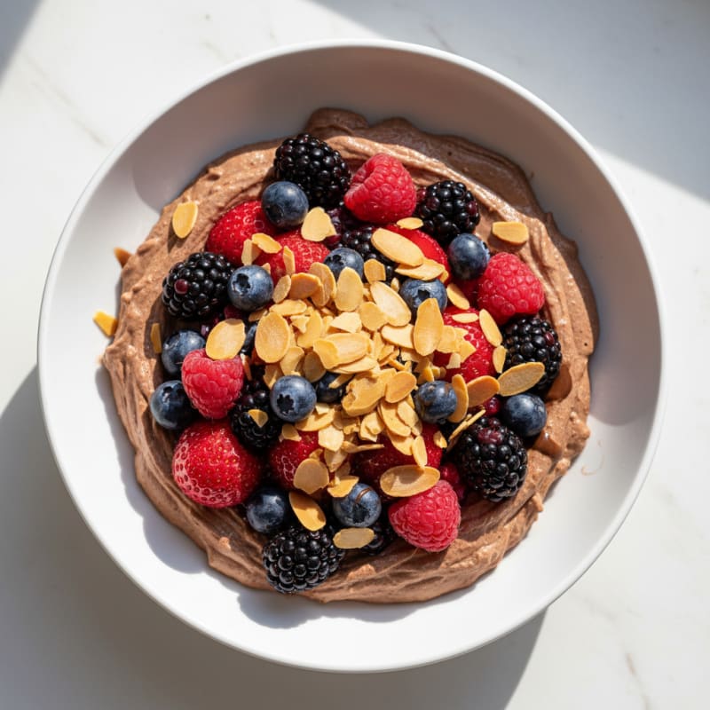 Chocolate Protein Mousse with Mixed Berries and Almonds